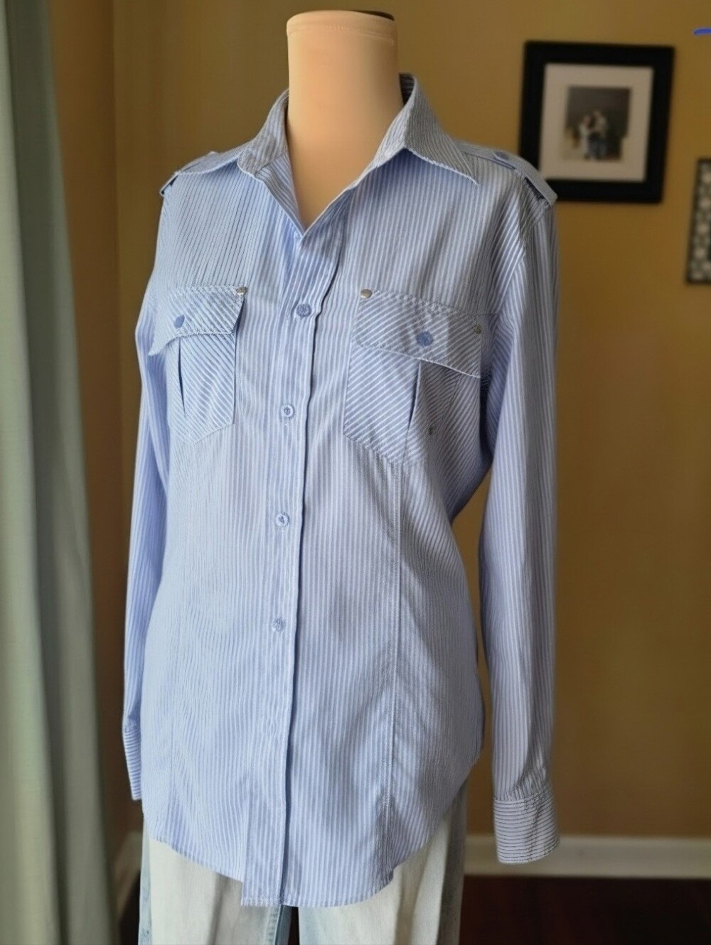 Nautical Striped Button Down Blouse Long Sleeve Epaulet Pocket Top Small Coastal